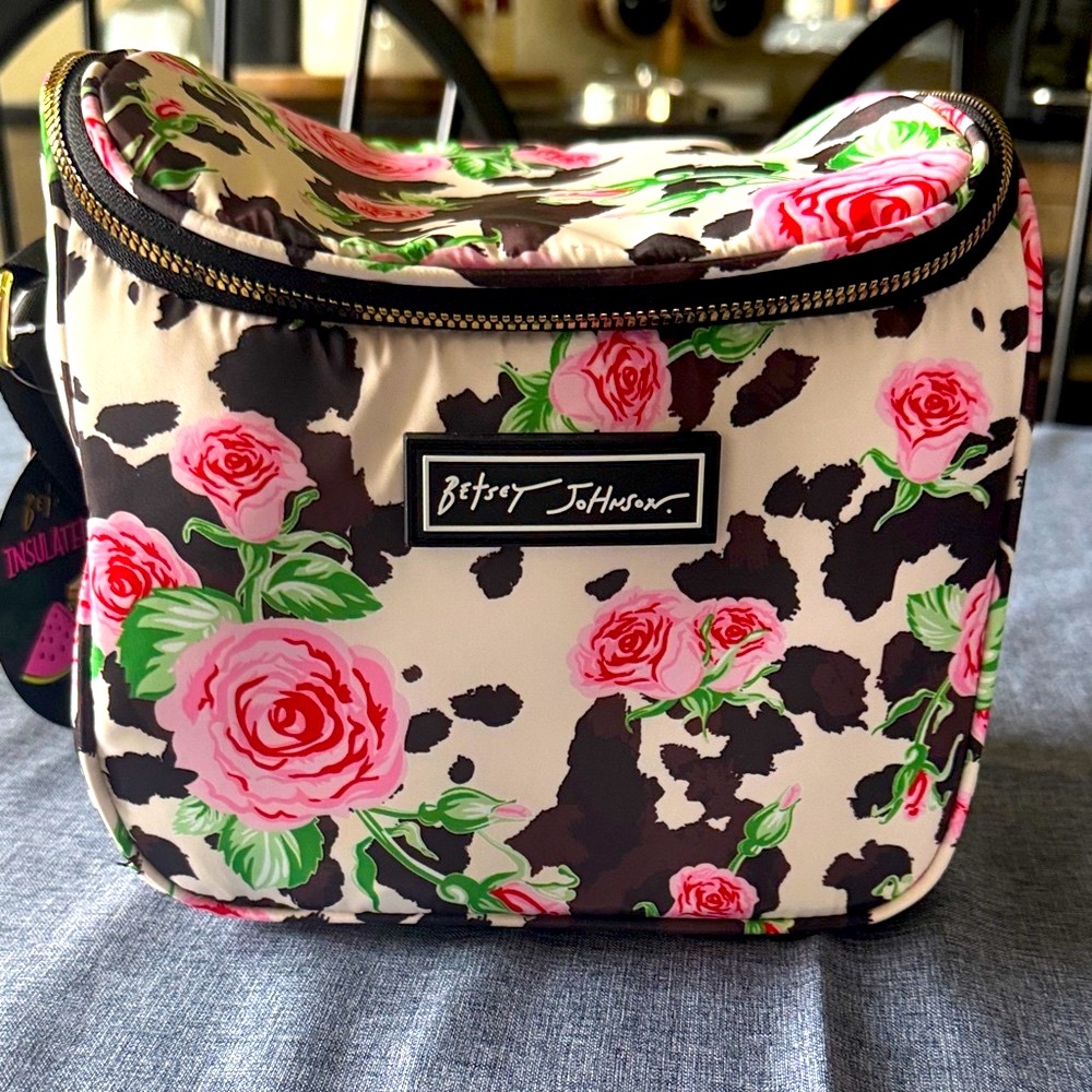 Betsey Johnson Floral Rose Cosmetic Bag in Pink, Green, Black, Cream
